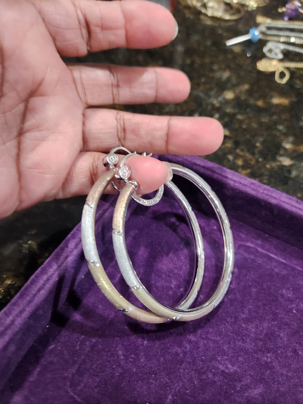 SIS (SIMONE I SMITH) Silver/Gold/Rose Gold Brushed Textured Hoop Earrings - Picture 2 of 3